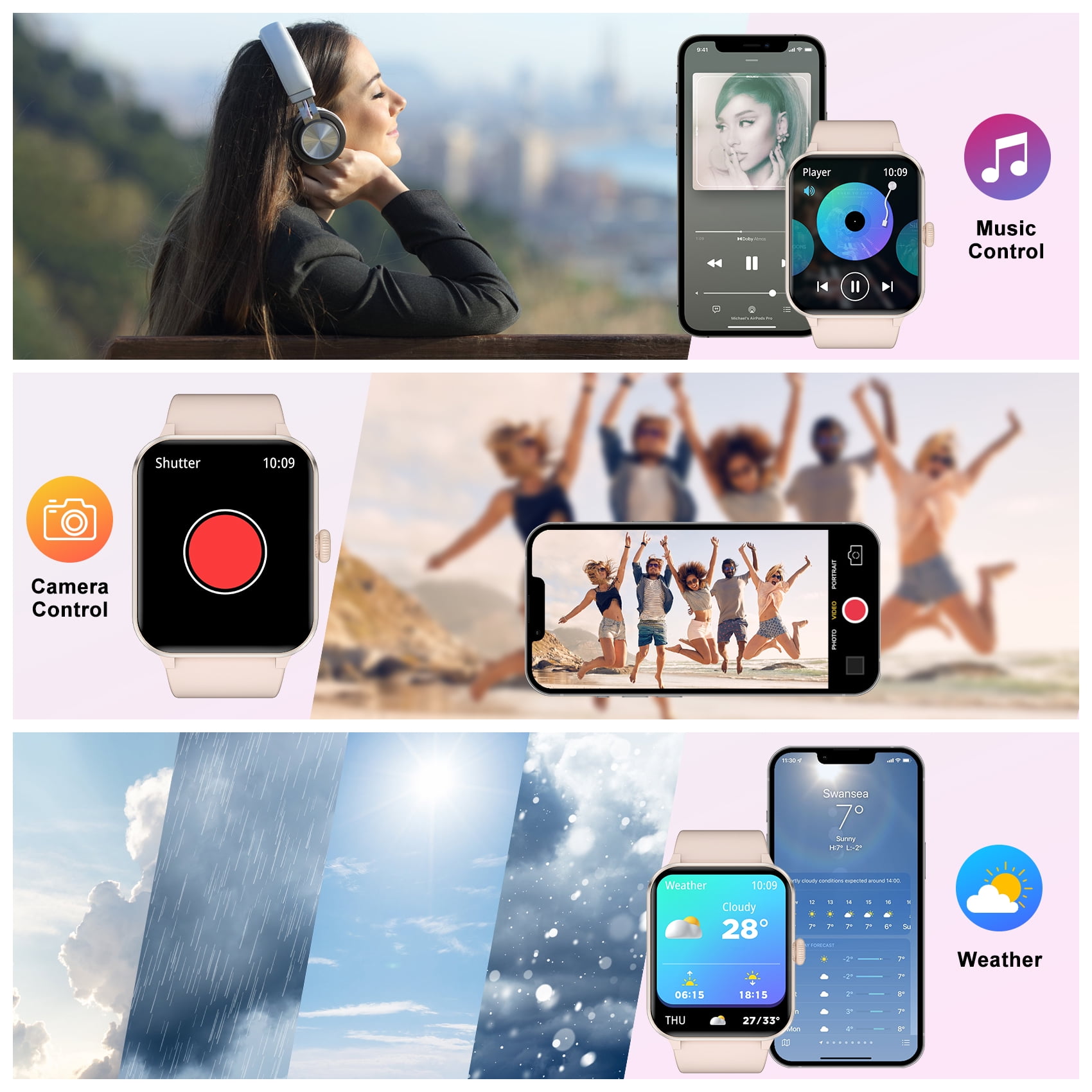 IOWODO 1.85 Smart Watch with Bluetooth Call (Answer/Make), 100+ Sports Modes, AI Voice Assistant, IP68 Waterproof Fitness Tracker for Android and iPhone, Gift for Women Men (Pink)