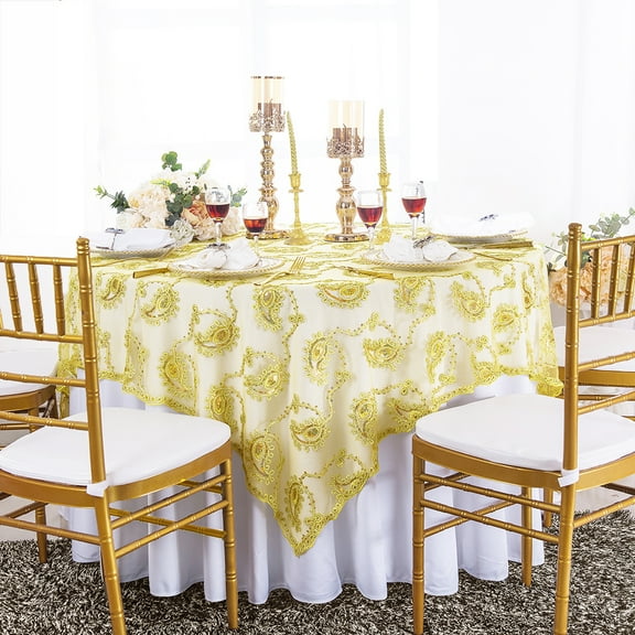 Wedding Linens Inc. 72" x 72" Paisley Embroidery Sequin Lace Table Overlay for Wedding Decoration Party Banquet Events - Light Gold