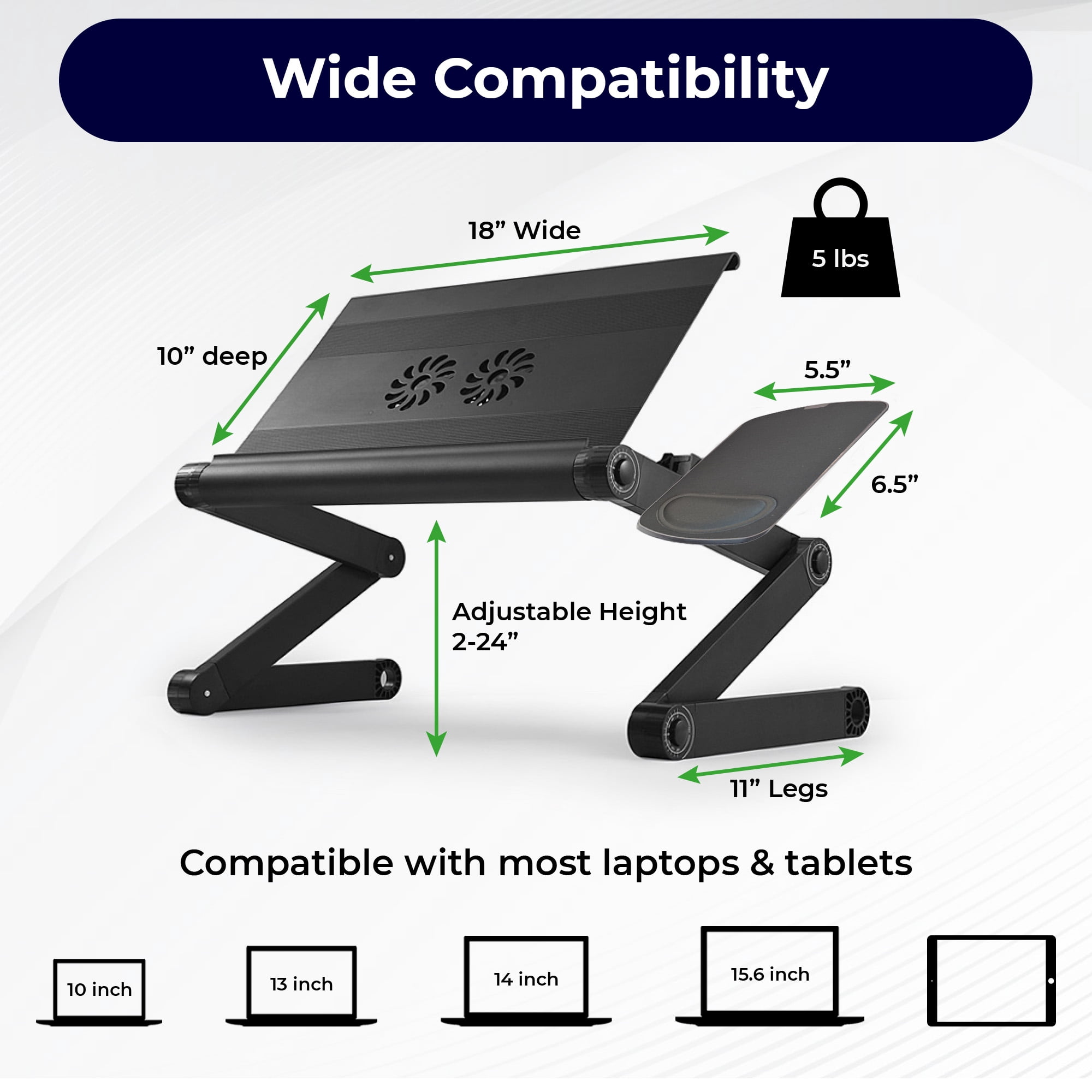 WorkEZ Cool Adjustable Laptop Cooling Stand with Dual Fans, 3 USB Ports & Mouse Pad – Portable Aluminum Laptop Desk for Bed, Couch, or Standing Workstation (Black)
