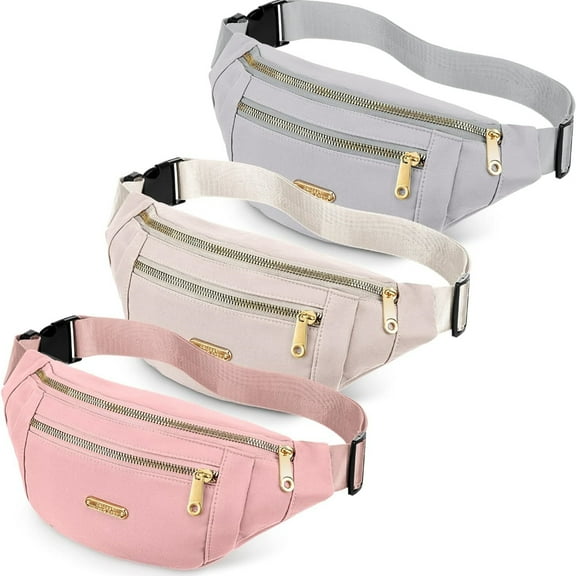 Waterproof Fanny Pack 3 Pack - Adjustable Waist Pouch for Women & Men | Lightweight Hands-Free Belt Bag for Running, Hiking, Travel | Compact Sweatproof Phone Pouch (Gray, Pink, Beige)