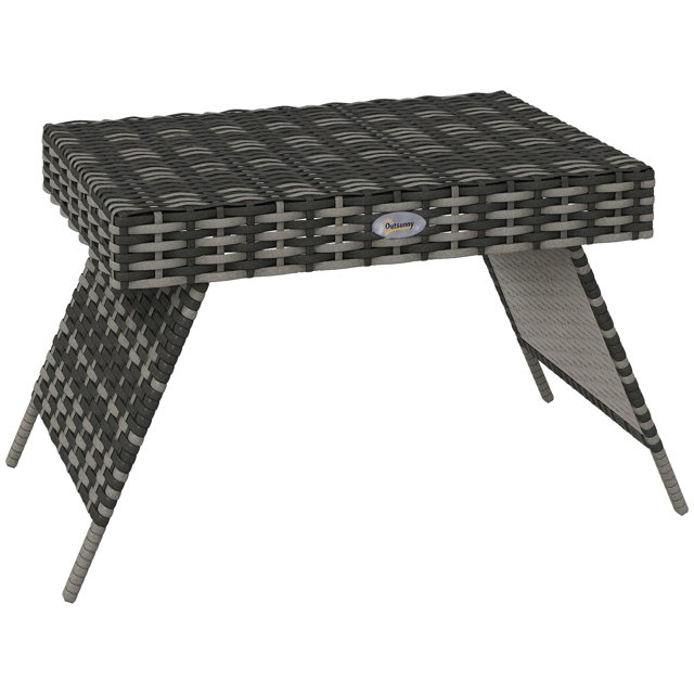 Outsunny Foldable End Table, Metal Frame Patio Wicker Table, Mixed Grey