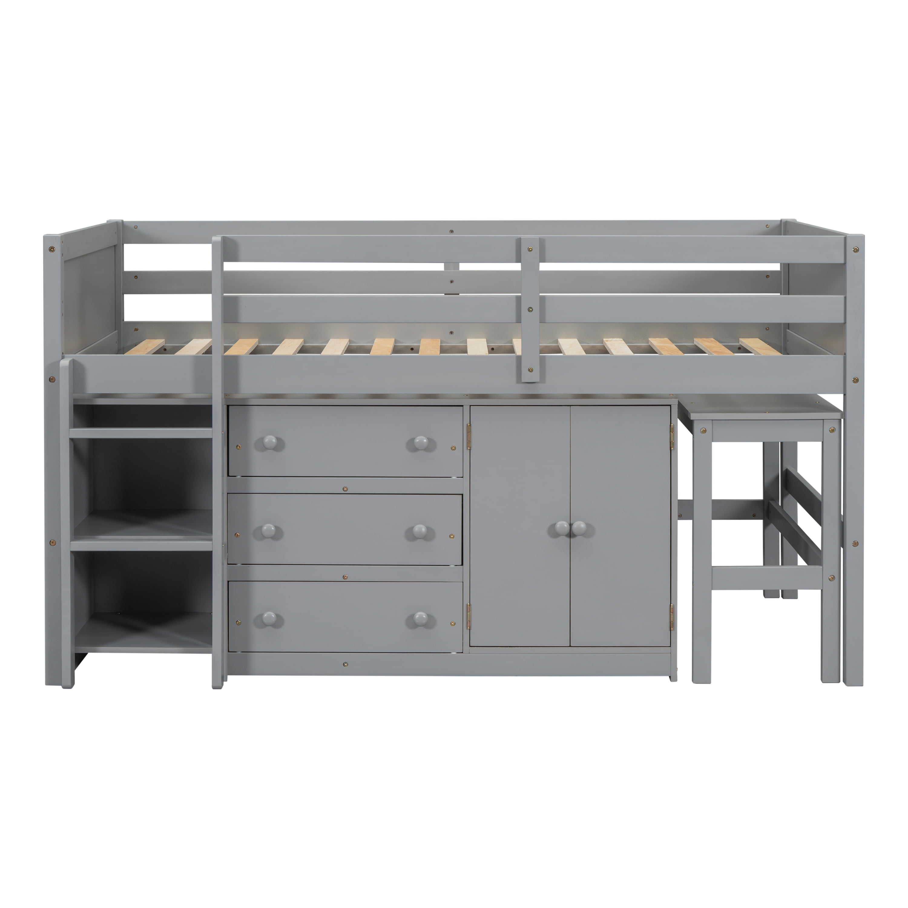 Euroco Wood Twin Size Loft Bed Frame with Drawers, Portable Desk and Shelves for Kids