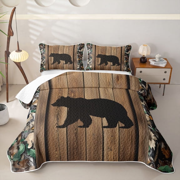 Castle Fairy Rustic Animal Bear Twin Quilt Set for Teens,Camouflage Lodge Autumn Leaf Twin Coverlet Set,Brown Green