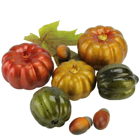 - 10-Piece Autumn Harvest Artificial Pumpkin, Acorn and Leaf Thanksgiving Decoration Set