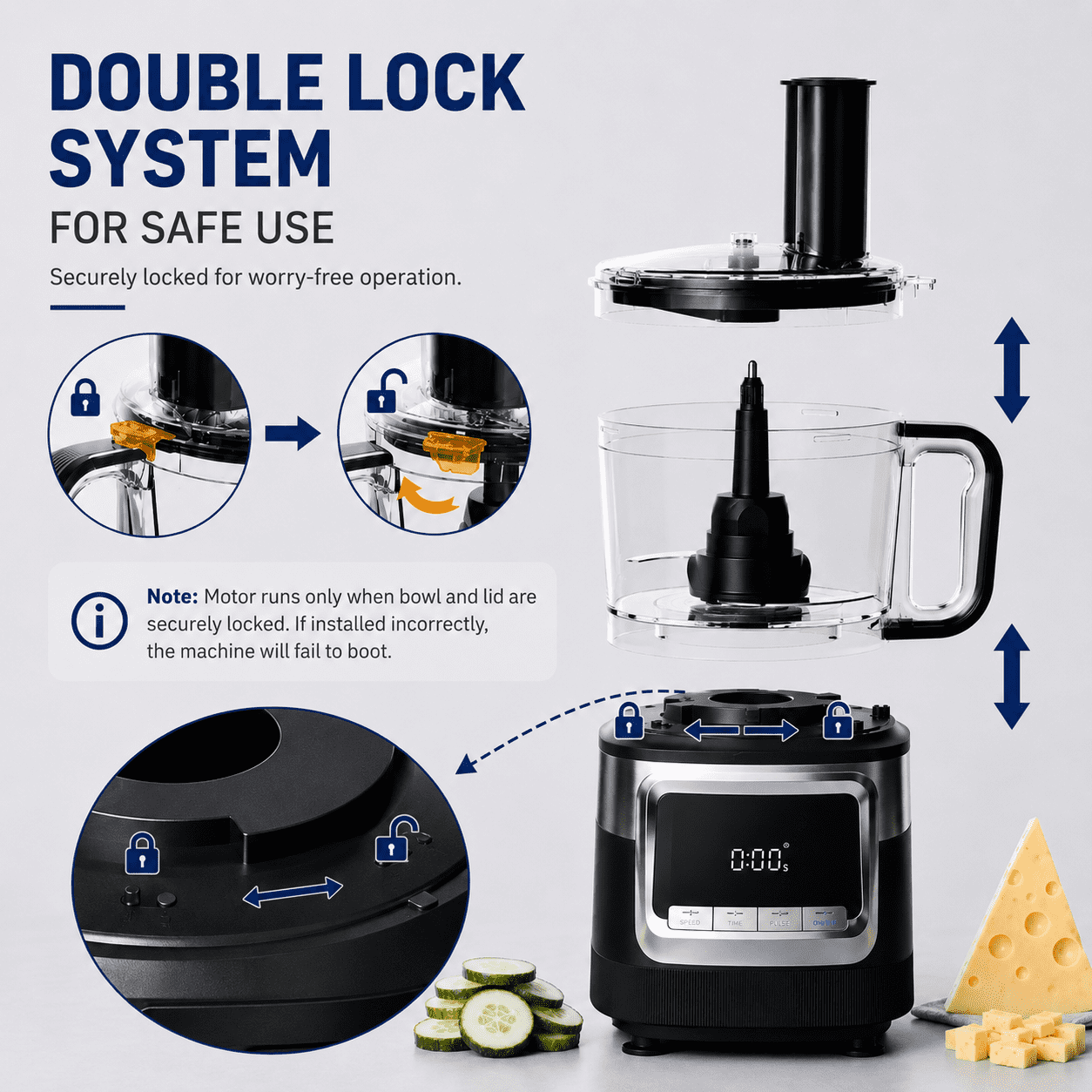 Hicloud Food Processor 12 Cup, Capable of Shredding/Cutting Strips/Slicing/Kneading Dough/Beating Eggs/Mixing, For Mincing Meat or Vegetables, 3-Speed Settings + Pulse