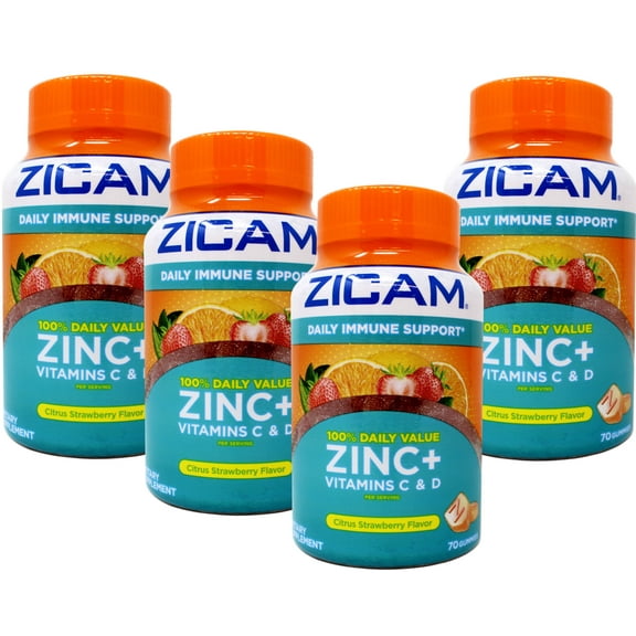 4 Pack - Zicam Daily Immune Support, Gummy Supplement, Zinc, Vitamin C & Vitamin D, Citrus Strawberry Flavor, 70 Count