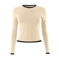 thumbnail image 3 of WTOBBY Women's Fashion Black Color Blocking Round Neck Long Sleeve T-Shirt Top, Casual Stylish Blouse for Comfortable and Versatile Everyday Outfits,Beige L, 3 of 4