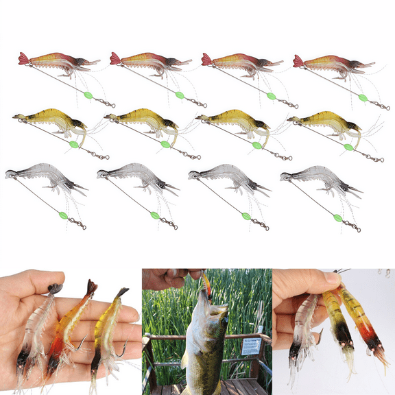 12 Pcs Soft Shrimp Lures Fishing Saltwater Luminous Shrimp Bait Set Fishing Lures with Sharp Hooks