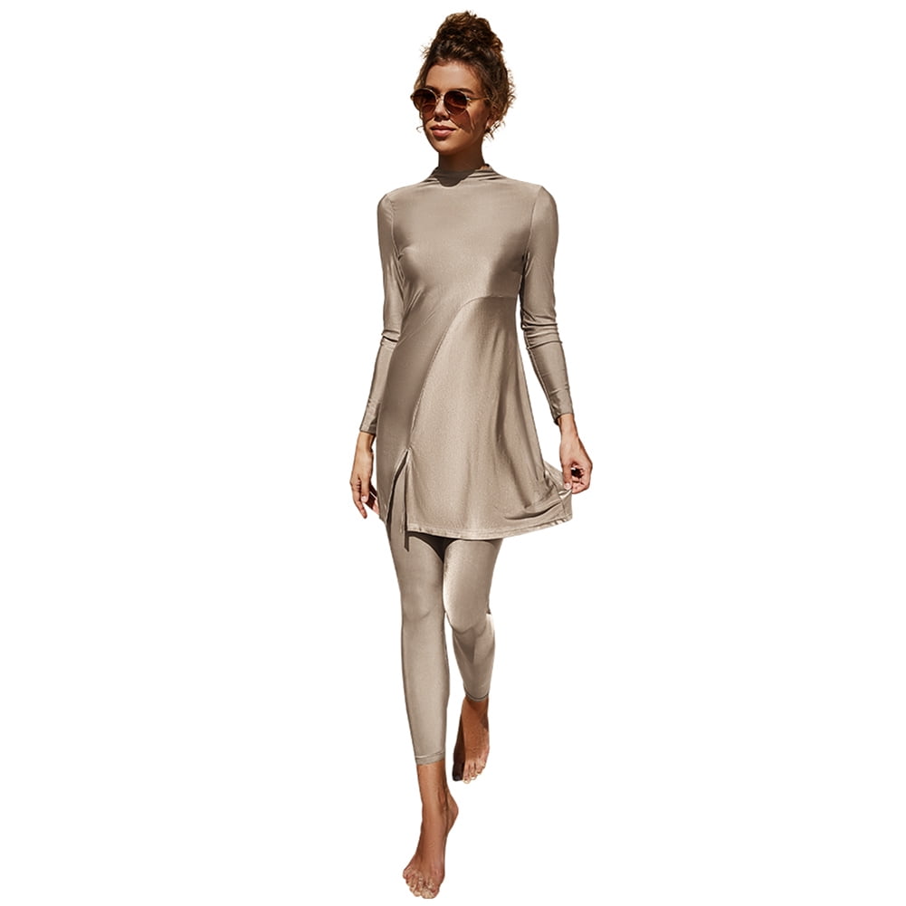 IBTOM CASTLE Women Muslim Swimsuits Modest Burkini Swimwear Islamic Long Sleeve Full Cover Swim Top Leggings Pants ​Bathing Suits M Apricot & Split