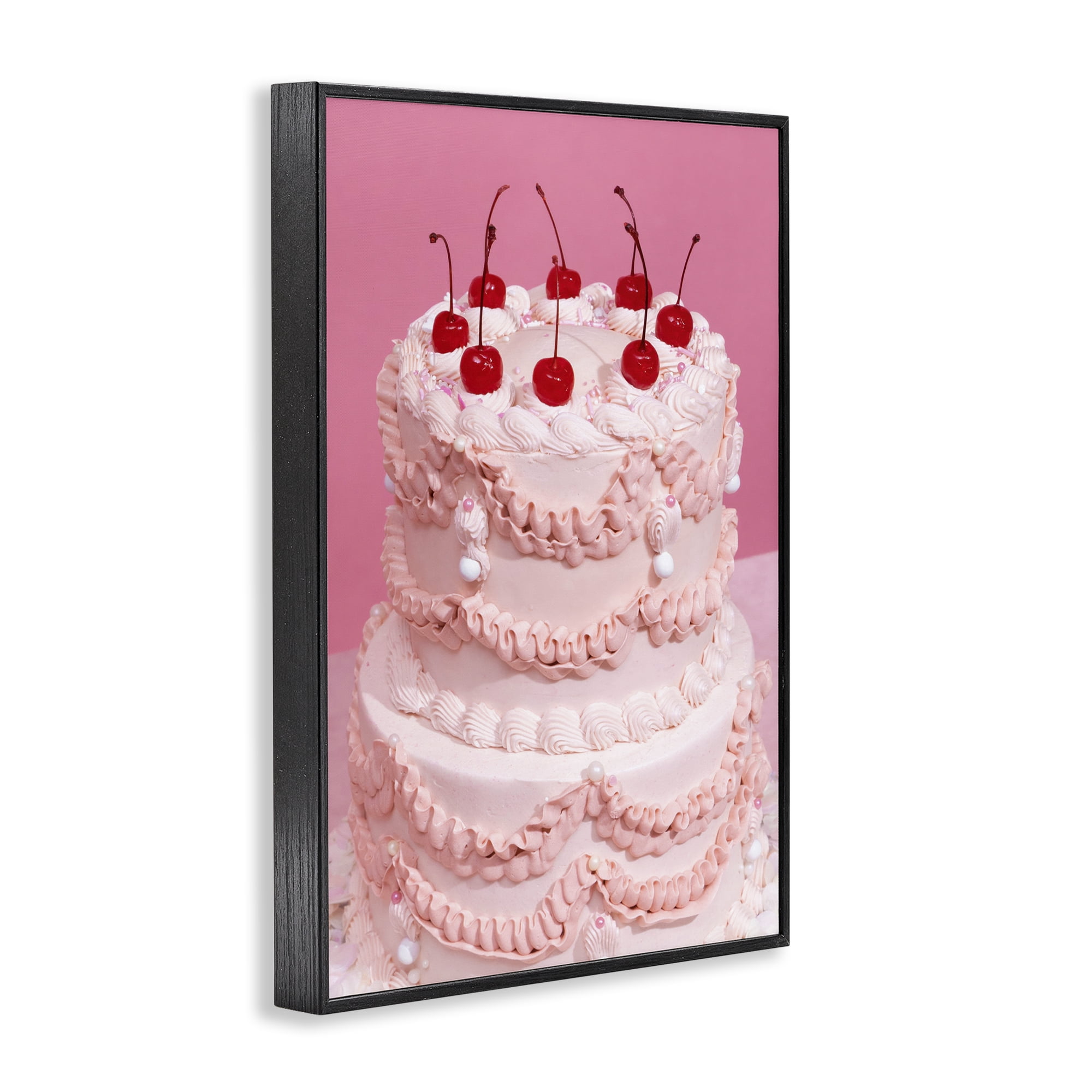 Stupell Industries Pink Cherries Cake Food & Beverage Painting Black Framed Art Print Wall Art, 12 x 18