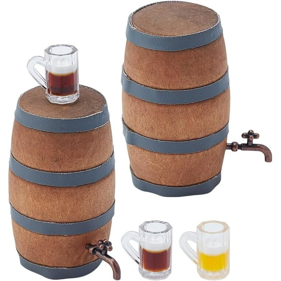 4Pcs Miniature Beer Barrel Mini House Drink Accessories Tiny Figurine Wooden Wine Barrel Model with Faucet and Wine Glass for Fairy Garden Pub Bar Micro Landscape Decoration