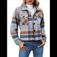 thumbnail image 1 of Chaqueta de Franela A Cuadros para Mujer, Larga, Solapa, Botones, Blusas Casuales, Abrigos Cortos Caqui XL, 1 of 10