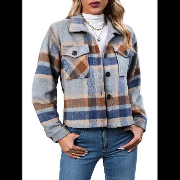 Chaqueta de Franela A Cuadros para Mujer, Larga, Solapa, Botones, Blusas Casuales, Abrigos Cortos Caqui XL