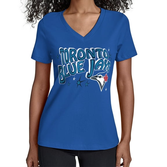 Women's Starter Royal Toronto Blue Jays Fireworks Team Name V-Neck T-Shirt
