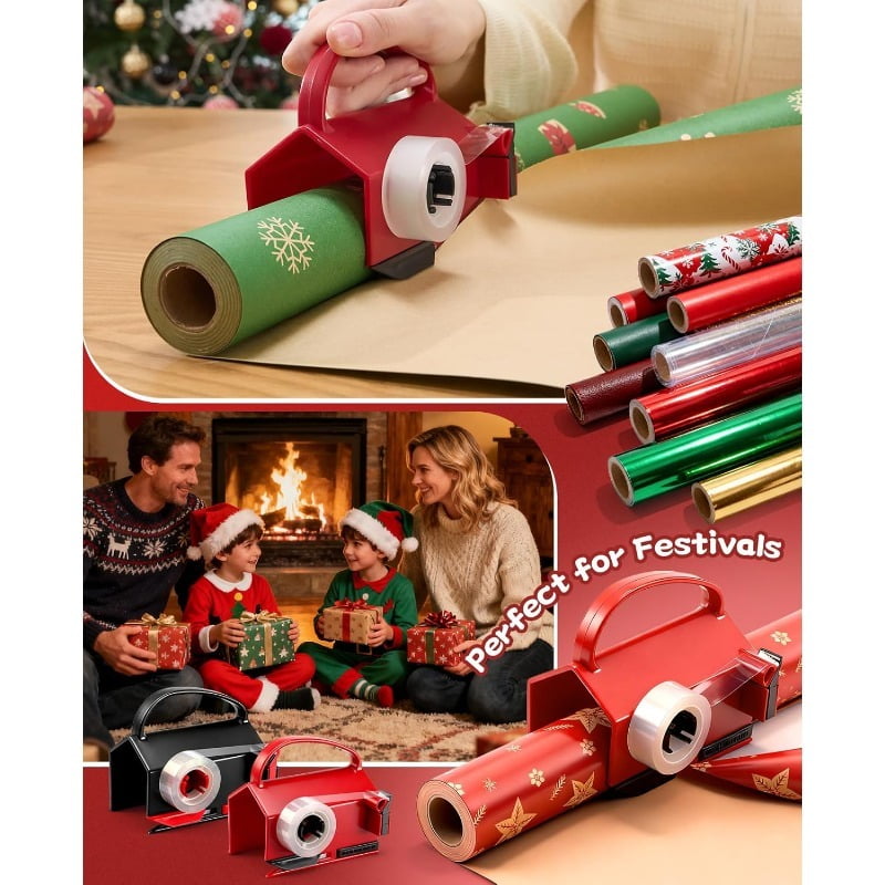 2 Pack Wrapping Paper Cutter & Tape Dispenser Dual Use, Gift Wrap Cutter Tool for Rolls Paper with 4 Tapes for Christmas Birthday Paper Trimmers