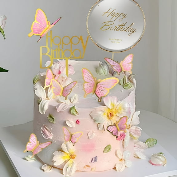 FEZOR Butterfly Cake Decoration,Happy Birthday Metallic Gold Butterfly Cake Decoration