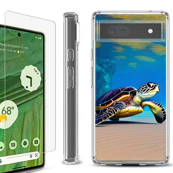 Shockproof Bumper Phone Case for Google Pixel 6a, with Tempered Glass Screen Protector, by OneToughShield ® - Sea Turtle Beach