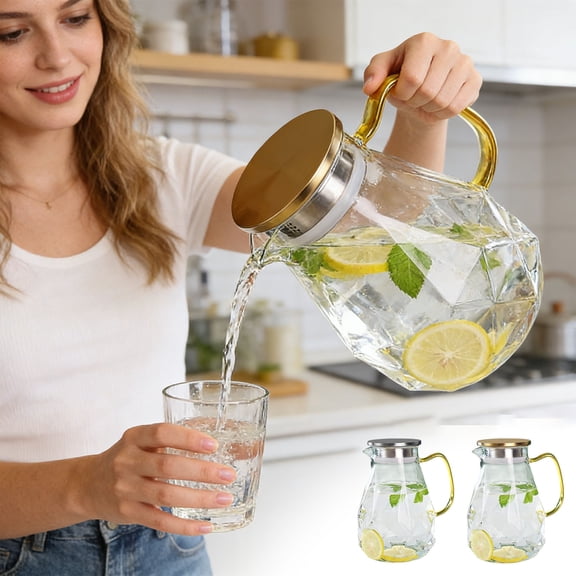 Glass Water Pitcher with Lid, Large Capacity Diamond Pattern Beverage Carafe, Thickened Clear Glass Kettle for Water, Iced Tea, Juice, Coffee and Cold Brew