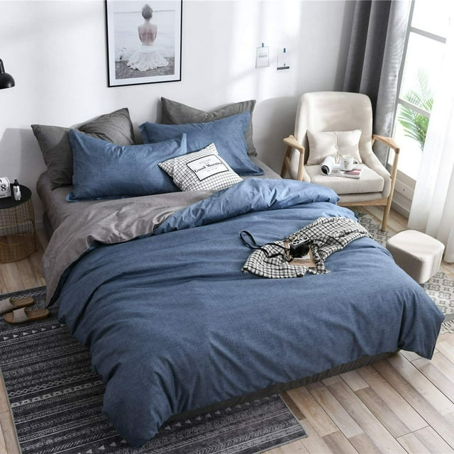 Juego de funda nórdica para cama de matrimonio, 4 piezas, juego de cama de microfibra con estampado liso a cuadros con 2 fundas de almohada y 1 sábana (220 x 240 cm, gris azulado)