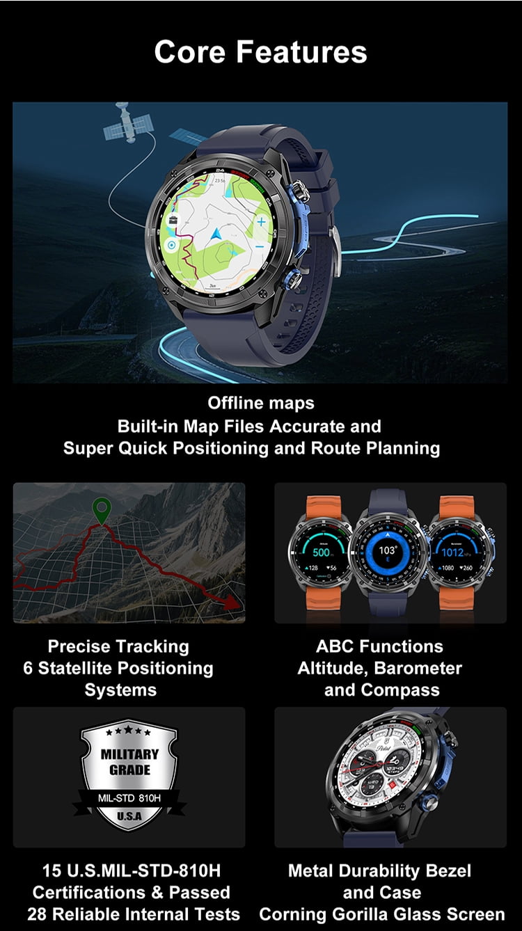 Laatikui DTG1 Smart Watch GPS Compass Fitness Tracker 3ATM Waterproof Mobile Smart Watch