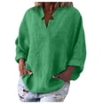 thumbnail image 2 of ICHUANYI Clearance Women's Fashion Solid Color Tops Long Sleeved Loose Cotton And Linen Loose Shirt Blouse V-Neck Casual Tops(Green, S) ICHUANYI WER2023081009194, 2 of 6
