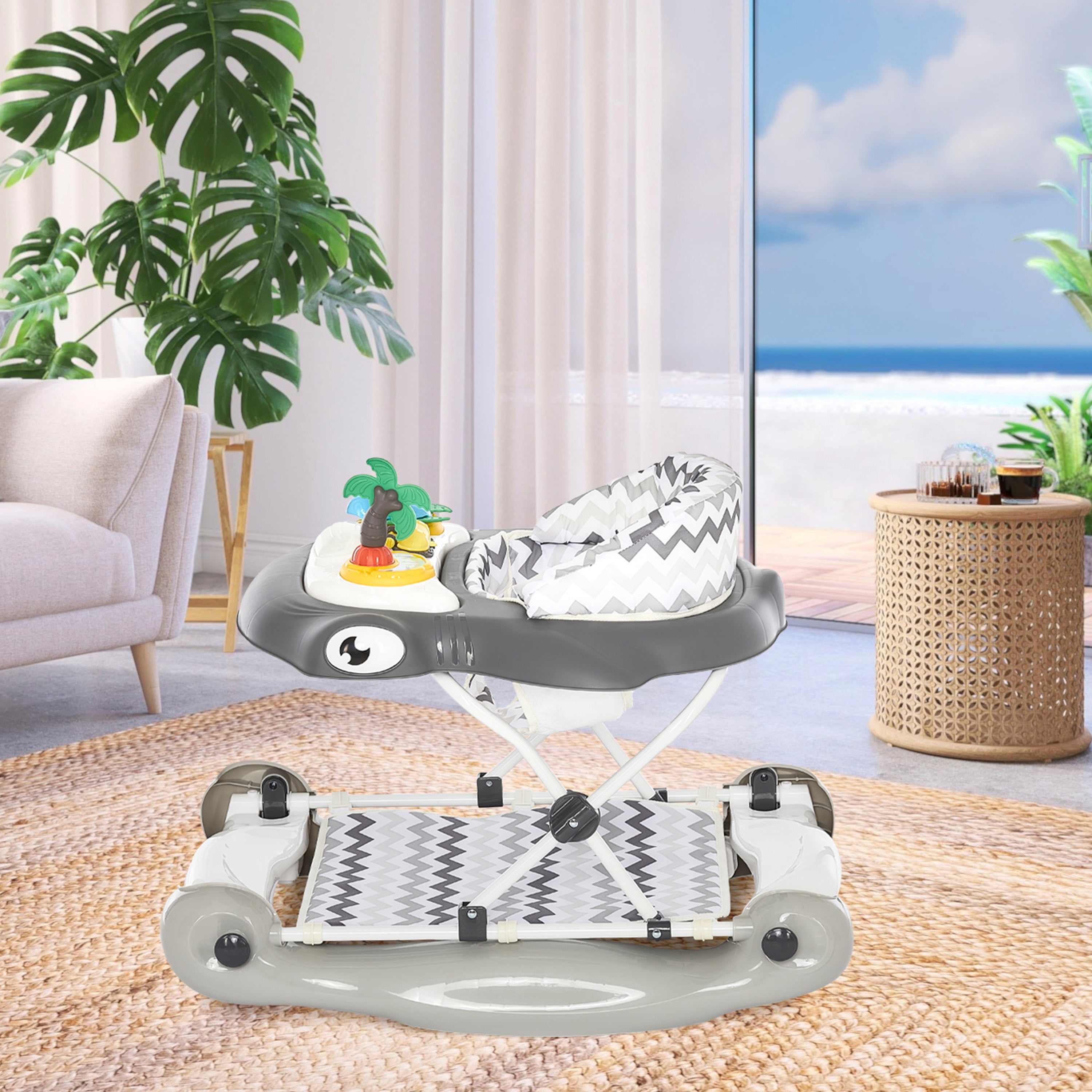 Dream on Me 2-in-1 Aloha Fun Activity Baby Walker in Grey, Easy to Fold and Store