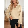 thumbnail image 3 of Solid Color Collared V Neck Cutout Twist Back Blouse for Women Beige Medium, 3 of 5