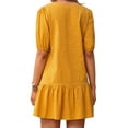 thumbnail image 5 of DYMADE Women Solid Color Round Neck Loose Waist Ruffled Edge Cotton Hemp Short Sleeved Dress, 5 of 5