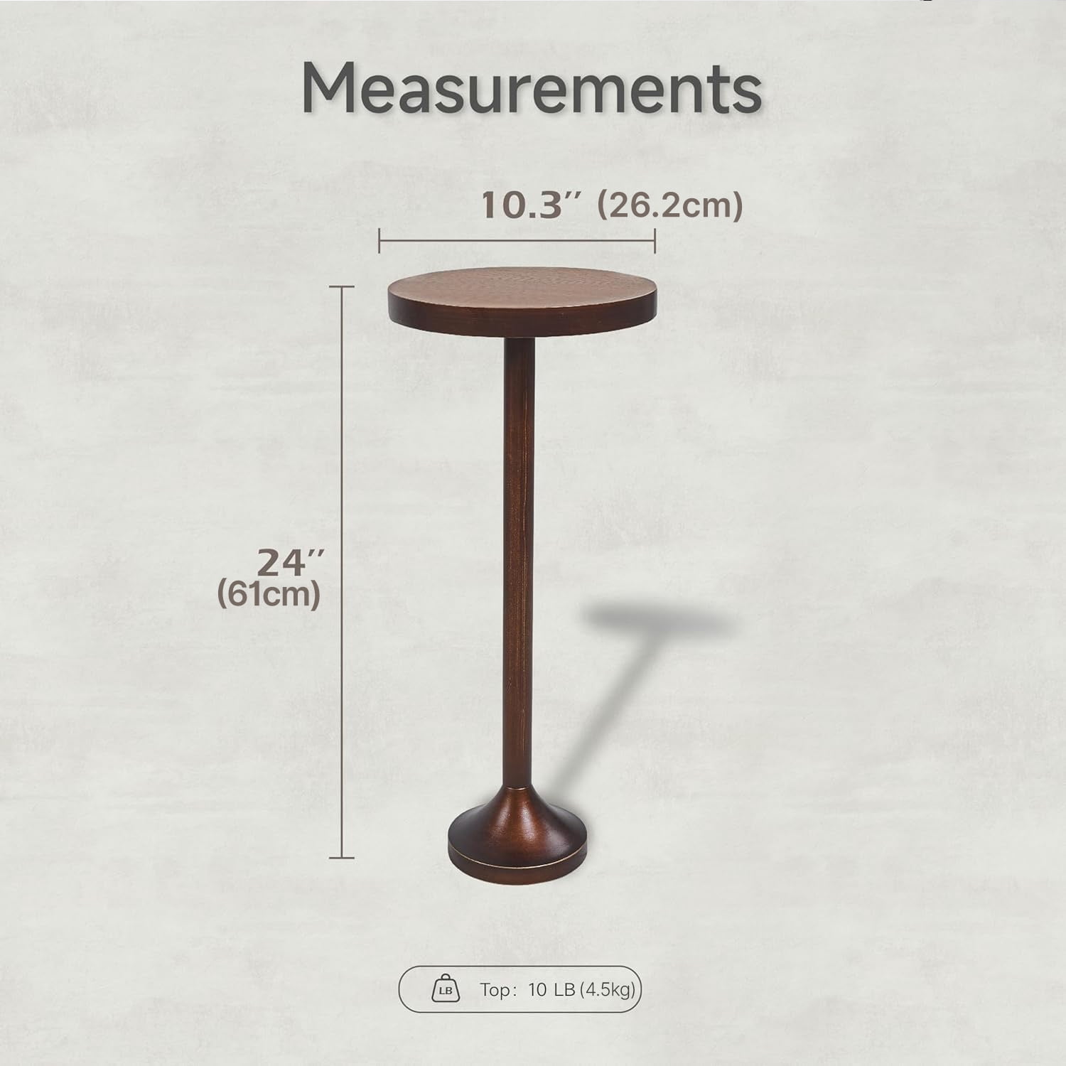 Small Pedestal End Table, Living Room Accent Side Table - Display Stand with Wood Top & Distressed Finish Metal Base, Light Espresso