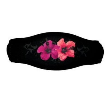 black strap cover with pink hawaiian flowers for scuba or snorkel (Big Island Hawaii Best Snorkeling)