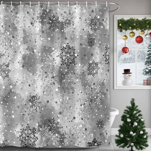 Winter Snowflakes Shower Curtains for Bathroom, Christmas Grey White Black Snowing Waterproof Fabric Shower Curtain for Bathroom Bathtub Decoration, Machine Washable, 36"x72"
