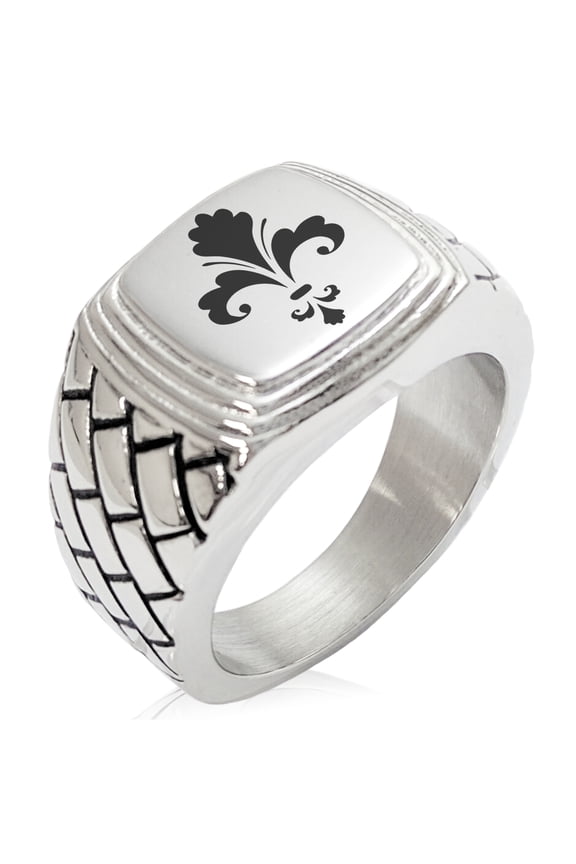 Stainless Steel Floral Fleur De Lis Geometric Pattern Step-Down Biker Style Polished Ring