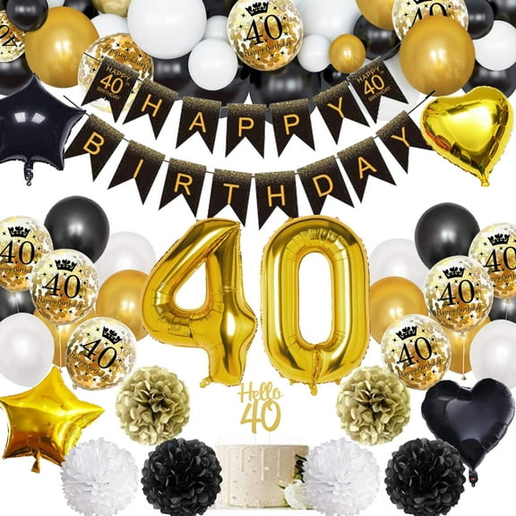 YANSION 40th Birthday Decorations for Men Women, Black Gold Party Supplies Black Metallic Gold Balloons Kit with Happy Birthday Banner Confetti Balloon Number 40 Birthday Wedding Anniversary