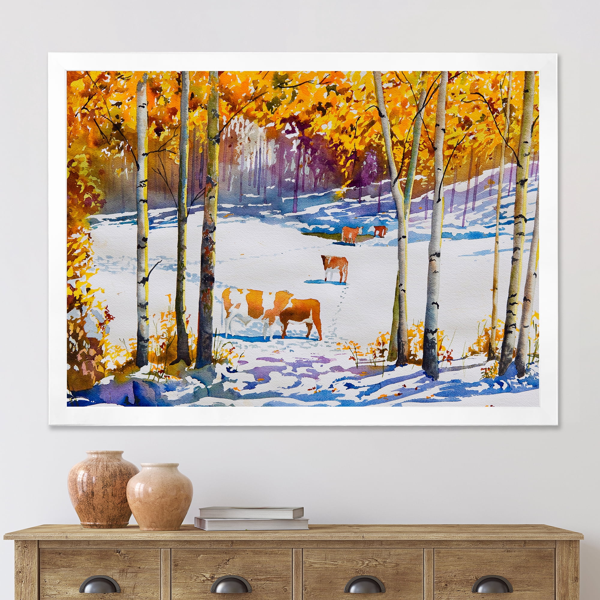 Designart 'Cattles In The Early Snow In The Tree Forest' Farmhouse Framed Art Print
