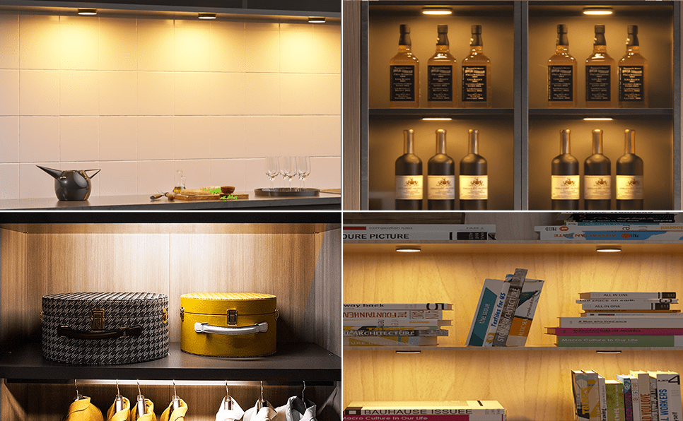 Under Cabinet LED Puck Lighting Kit with Touch Dimmer Switch for Kitchen Cupboard and Closet - Warm White, Black Cover, Set of Three Lights