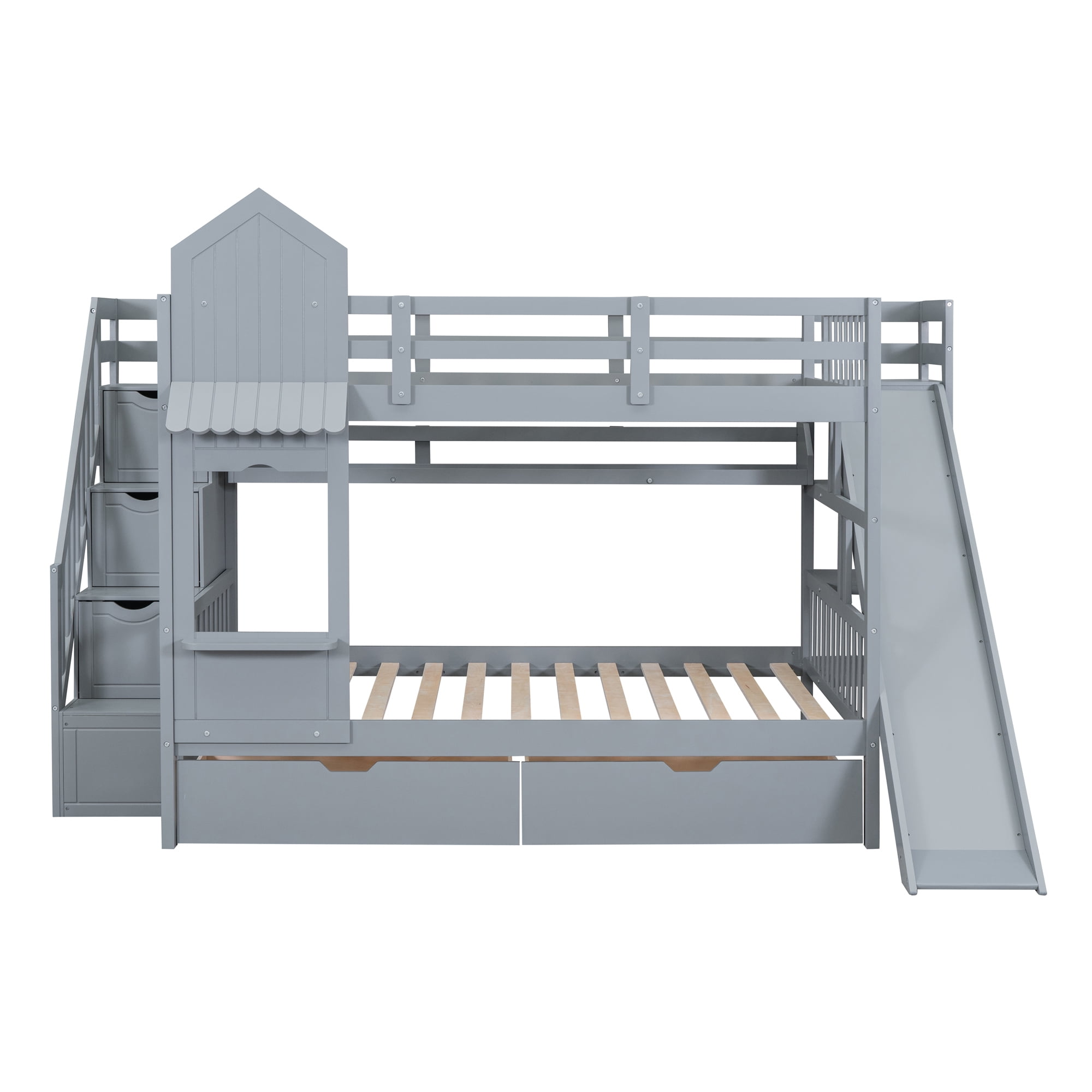 Full over Full Bunk Bed for Kids, Castle Style Bunk Beds with 2 Drawers, Slide and Storage Shelves, Solid Wood Bunk Bed Frame for Kids Girls Boys Teens