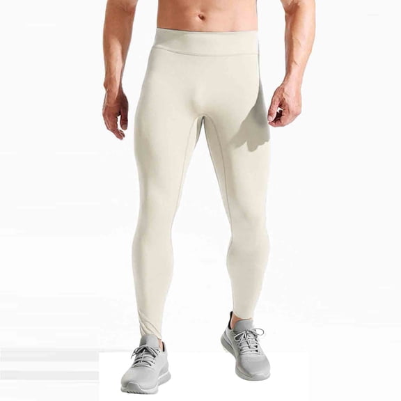 CQONEPT Mens Yoga Pants High Waist Tummy Control Stretchy Leggings Lounge Skinny Workouts Sports Running Pant Beige M