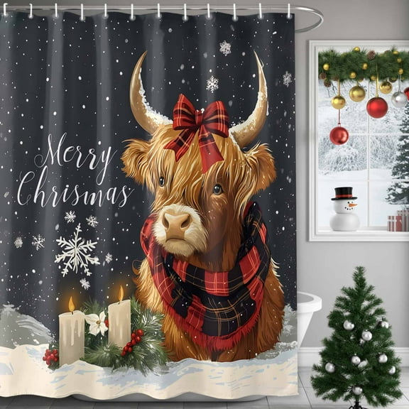 Christmas Highland Cow Red Buffalo Plaid Shower Curtain for Bathroom, Snowflakes on Dark Waterproof Shower Curtains Washable Quick Dry with Hooks Bathtub Curtains 72x72IN
