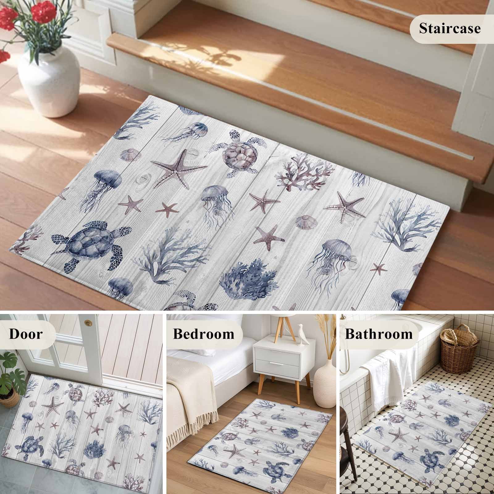 Entrance Runner Rug 2'x3', Vintage Coastal Non-slip Doormat for Indoor Outdoor Entrance, Nautical Summer Beach Sea Turtle Starfish Throw Floor Mat for Front Door/Living Room/Bedroom/Bathroom/Kitchen