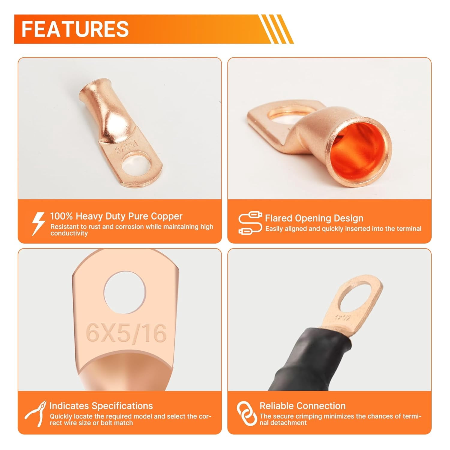 Foluck 220PCS Battery Cable Ends AWG 1 2 4 6 8 1/0 2/0 Gauge, 110PCS Heavy Duty Copper Wire Lugs Kit, Battery Cable Terminal Connectors Assortment with 110PCS 3:1 Heat Shrink Tubing