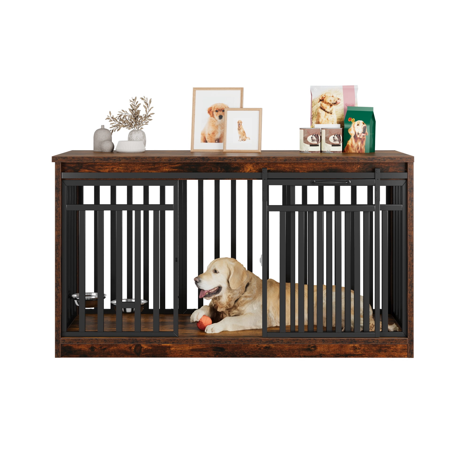 Uforic 55.1 Inch Dog Crate Furniture for Large Dogs,Indoor Furniture Style Wooden Large Dog Kennel TV Stand Sliding Doors - Rustic Brown