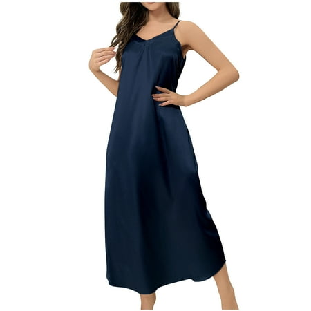 BRGZLK Women s Satin Nightshirt Sexy Sleepwear Lace Chemise Nightgown Babydoll Sleepwear Navy M