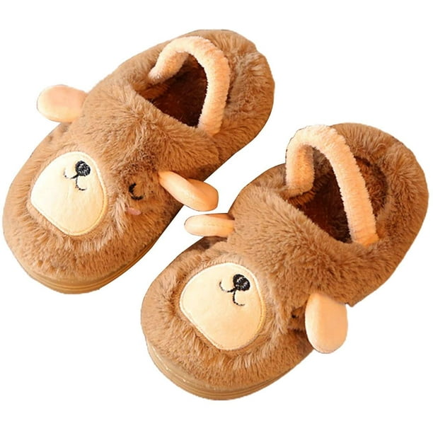 Pantuflas de terciopelo coral para niños y niñas, suaves y antideslizantes, con diseño de pingüino y pájaro, con banda de goma, forro polar sintético marrón 14