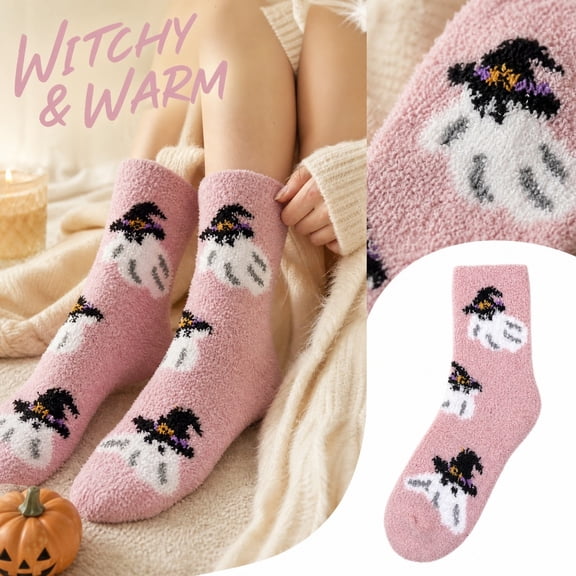 Womens Halloween Fluffy Crew Socks Ghost Witch Pumpkin Graphic Fuzzy Socks Warm Comfortable Festive Costume Accessory Socks One Size