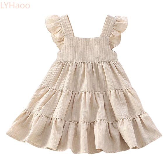 LYHaoo Toddler Girls Dress Ruffle Sleeveless Tiered Swing Dresses Cute Summer Beach Dress With Pocket For 1 7T,Girls Basic Dresses Sizes 2-3 Years Beige