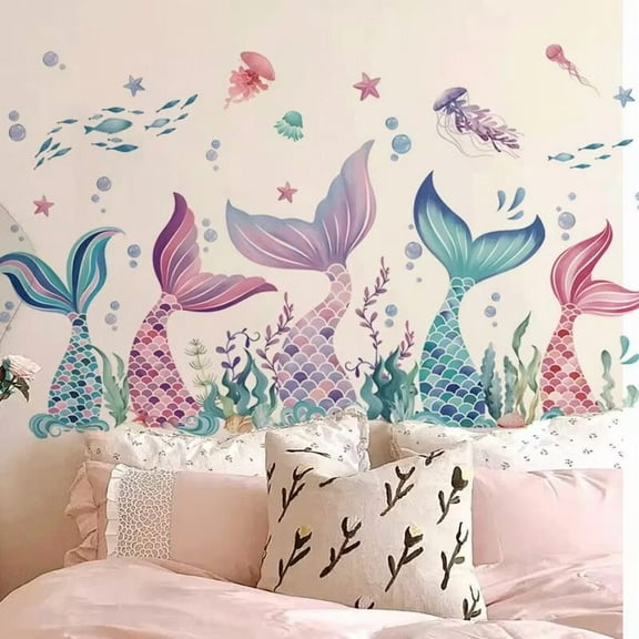 Ocean World decals, fish tail stickers, mermaid decals，Removable DIY Art Decor Murals for Bedroom, Nursery, TV Wall, Wall Stickers for Nursery Bedroom Kids Room Decor