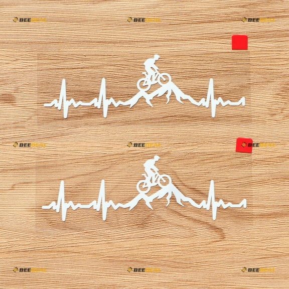 Cycling Funny Bike Bicycle Decal Sticker Vinyl Heart Beat Mountain Rider - 2 Pack White, 5 Inches - for Car Boat Laptop No Background