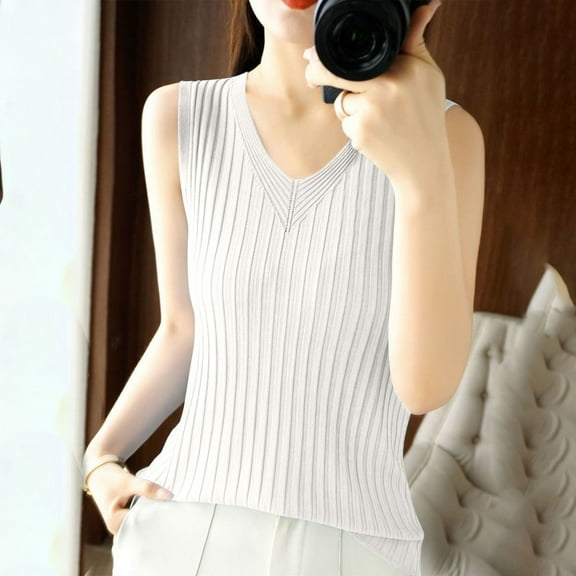 Delliss Summer Tops for Women Sleeveless V Neck Tshirt Loose Fit Casual Tank Tunic Blouse S-3XL