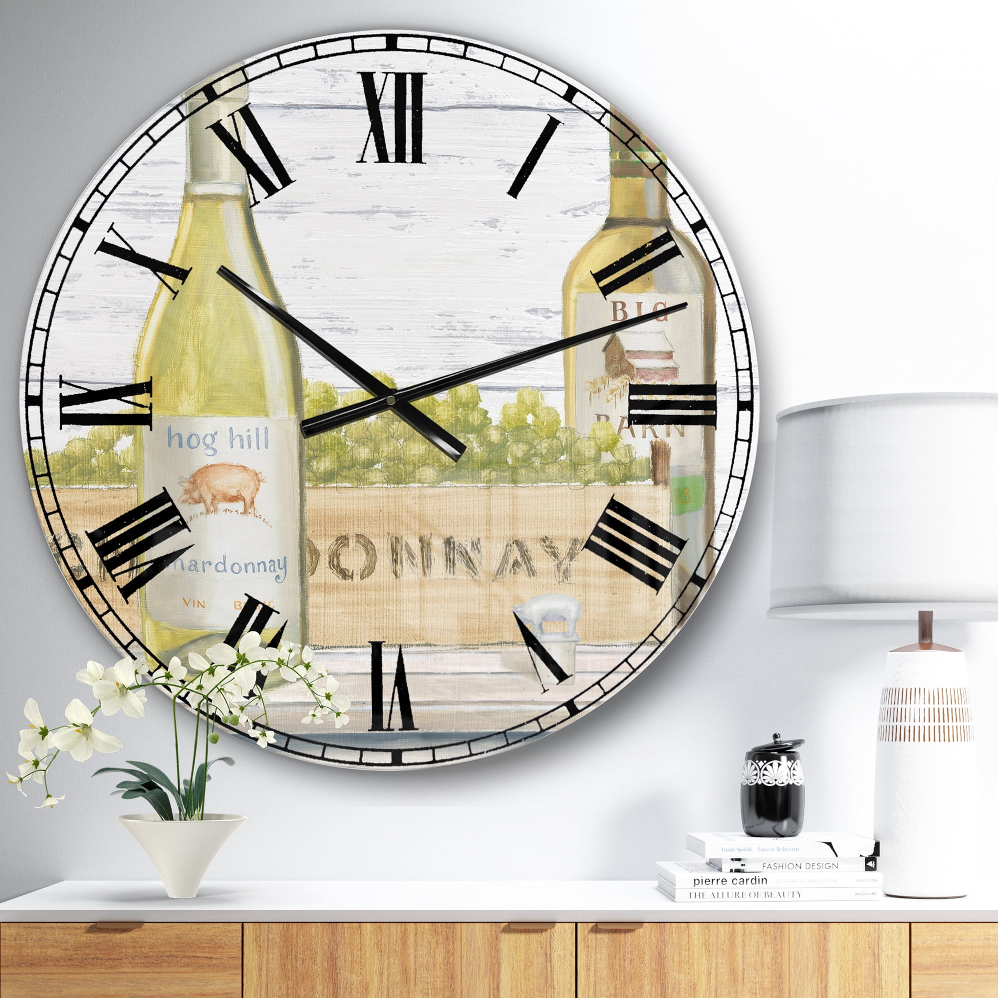 Designart 'White Chardonnay Wine Bottles' Farmhouse wall clock