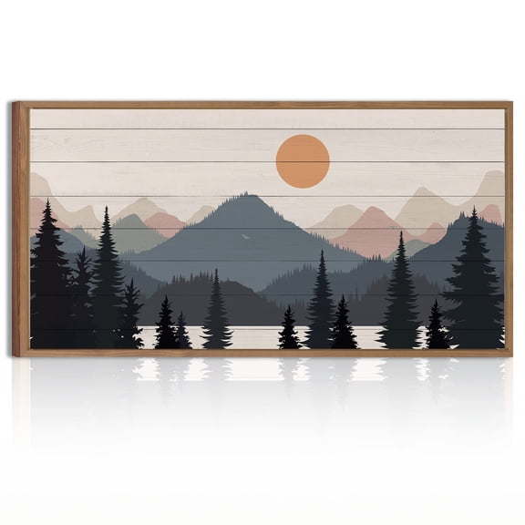 HPNIUB Boho Mountain Framed Canvas Wall Art Tree Forest Misty Woodland Painting Nature Sunrise Landscape Decor for Living Room Bedroom Office 20x40 Inch